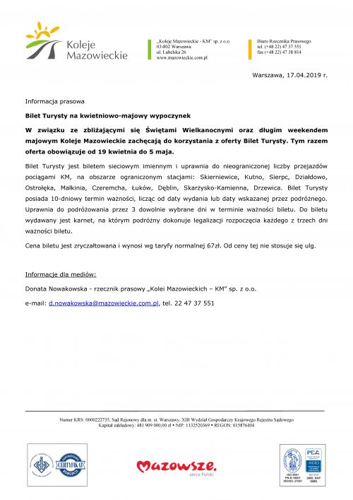 Bilet Turysty na kwietniowo-majowy wypoczynek