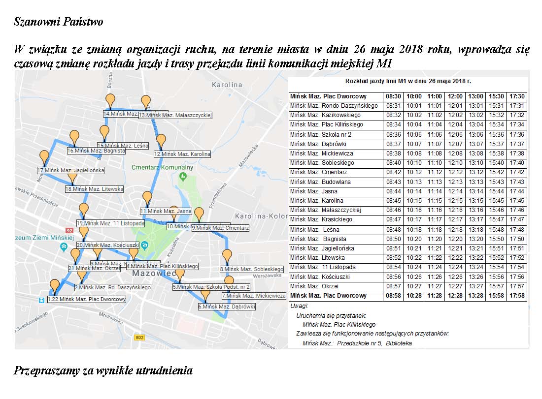 26 i 27 maja czasowa zmiana rozkładu jazdy komunikacji miejskiej linii M1 i M3