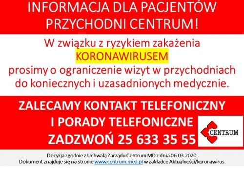 INFORMACJA DLA PACJENTÓW PRZYCHODNI CENTRUM_09.03.2020
