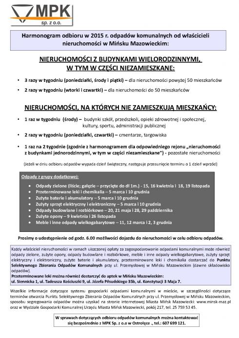 HARMONOGRAMY ODBIORU ODPADÓW KOMUNALNYCH W 2015 ROKU