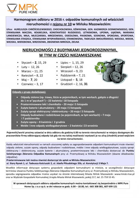 HARMONOGRAMY ODBIORU ODPADÓW KOMUNALNYCH W 2016 ROKU