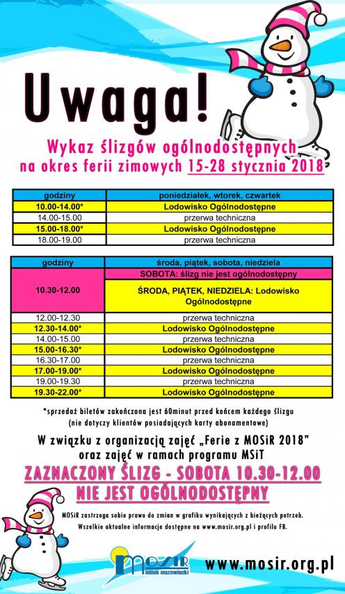 Harmonogram lodowiska 15-28 stycznia 2018
