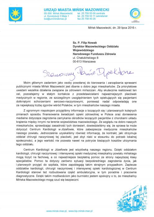List intencyjny dot. wsparcia działalności Centrum Kardiologii w Józefowie