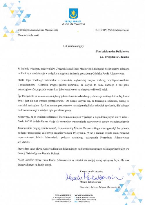 List kondolencyjny Burmistrza Miasta Marcina Jakubowskiego