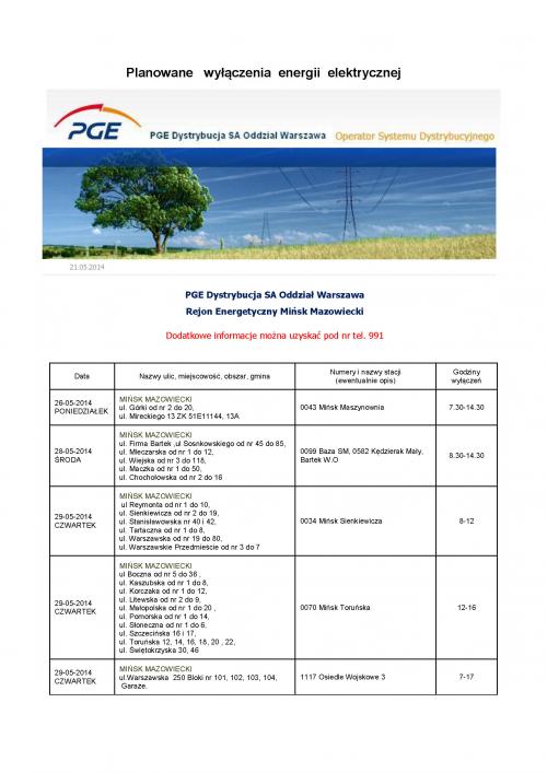 Planowane  wyłączenia energii elektrycznej