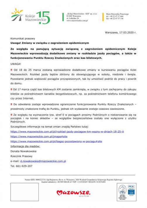 Uwaga! Zmiany w funkcjonowaniu rozkładu jazdy pociagów KM