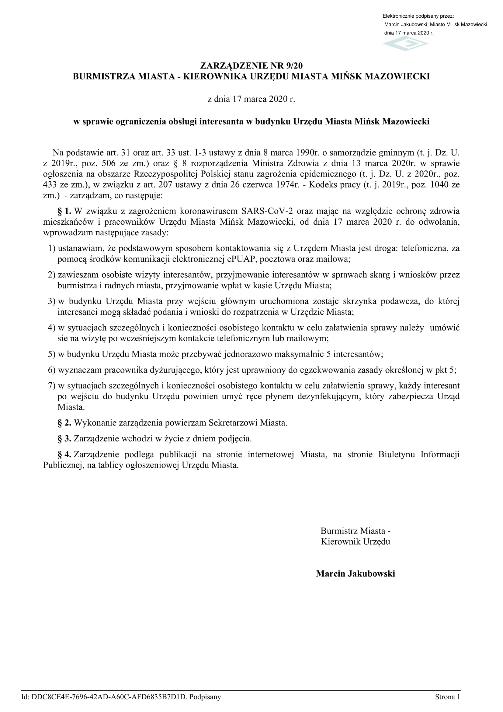 Zarządzenie Burmistrza Miasta Nr 9/20  w sprawie ograniczenia obsługi interesantów w budynku Urzędu Miasta Mińsk Mazowiecki